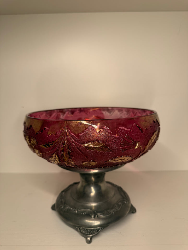 Cranberry and Gold Hand Painted Glass Bowl