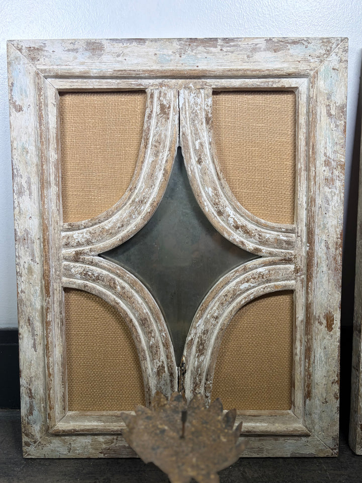 Pair of Distressed Wood Wall Candle Sconces with Burlap Panels