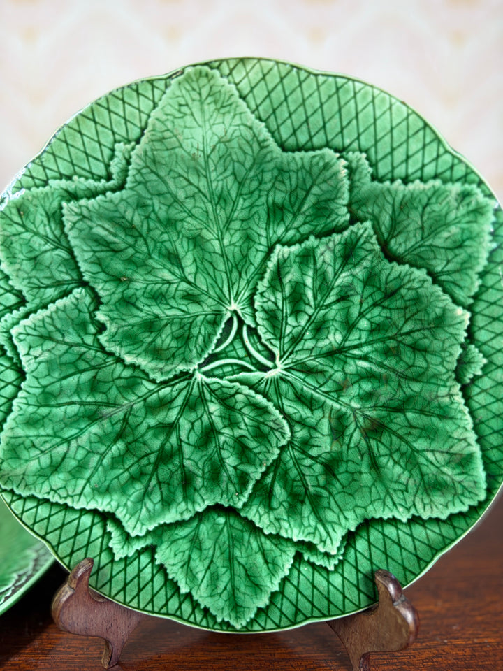 Pair of Green Majolica Leaf Pattern Plates