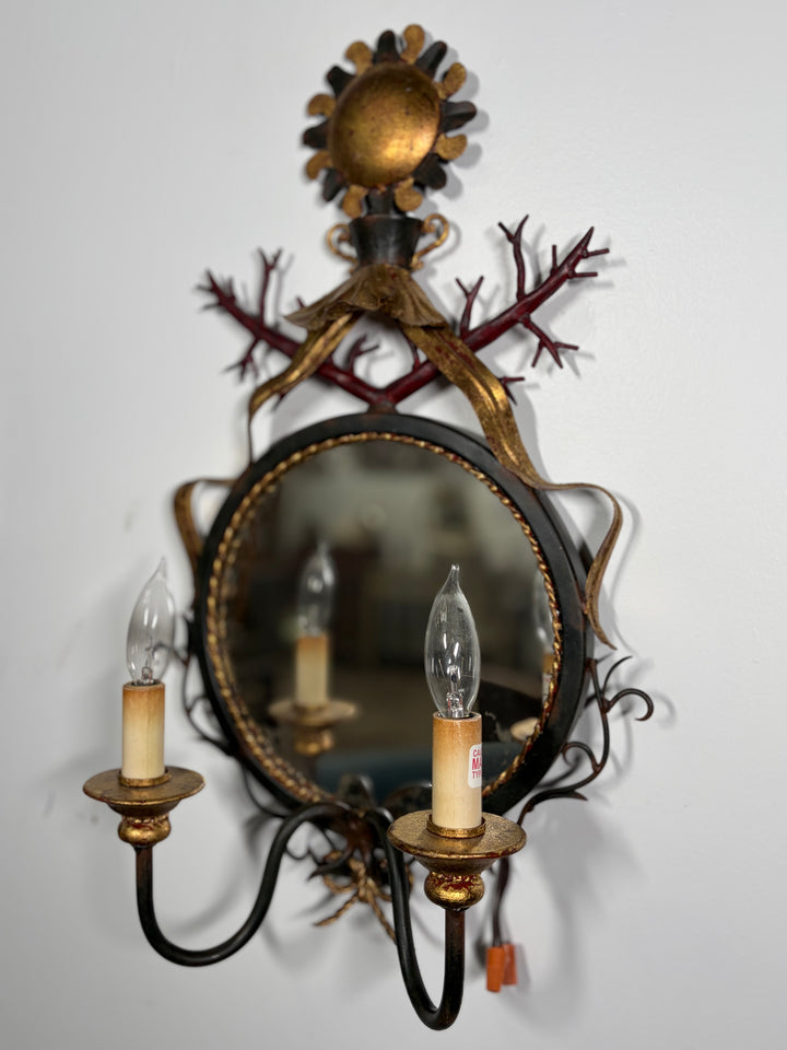 Vintage Two-Light Wall Sconce with Round Mirror and Decorative Ironwork