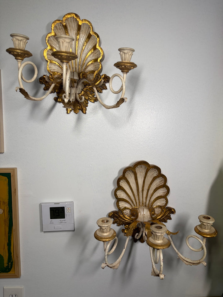 Antiqued Painted & Gilded Gold 3-Candle Wall Sconces