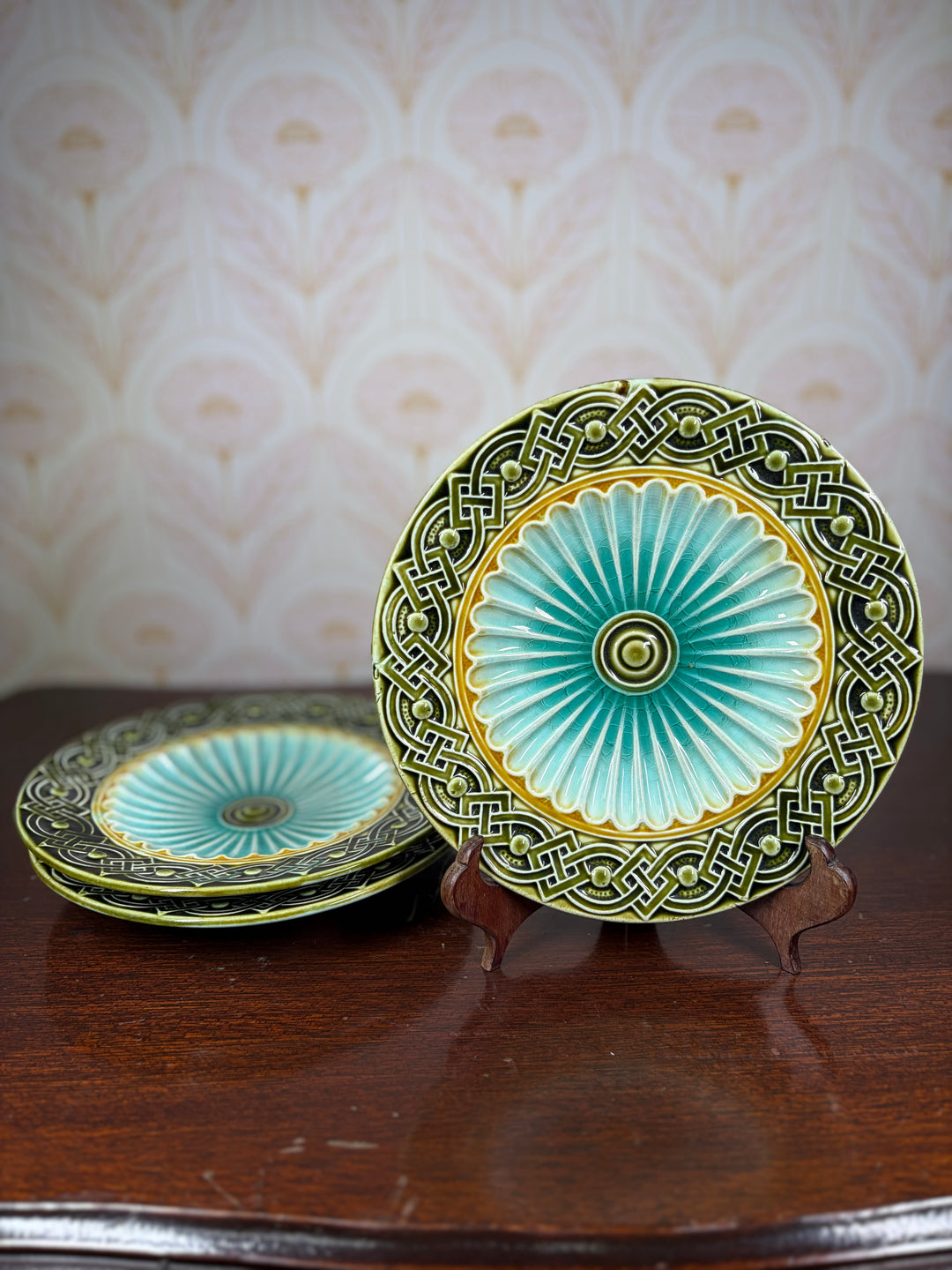 Set of Three Majolica-Style Ceramic Plates with Celtic Knotwork Border