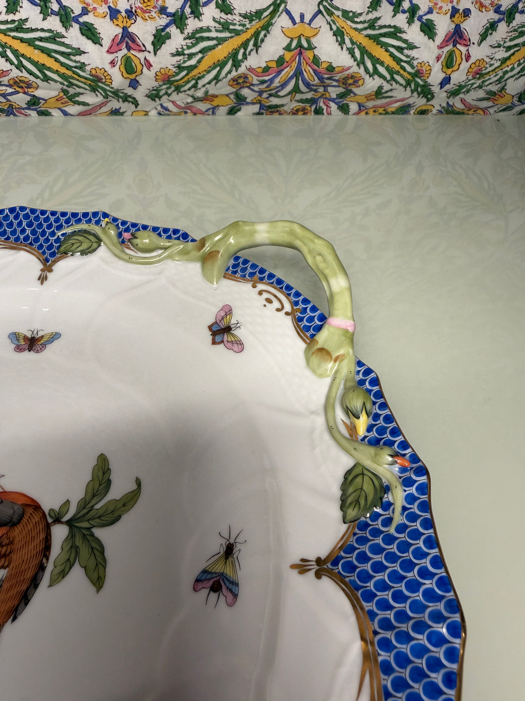 Hand-Painted Porcelain Two-Handled Cake Plate with Birds and Butterflies