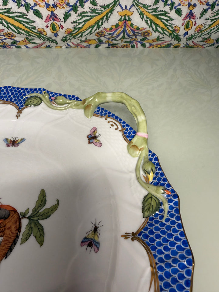Hand-Painted Porcelain Two-Handled Cake Plate with Birds and Butterflies