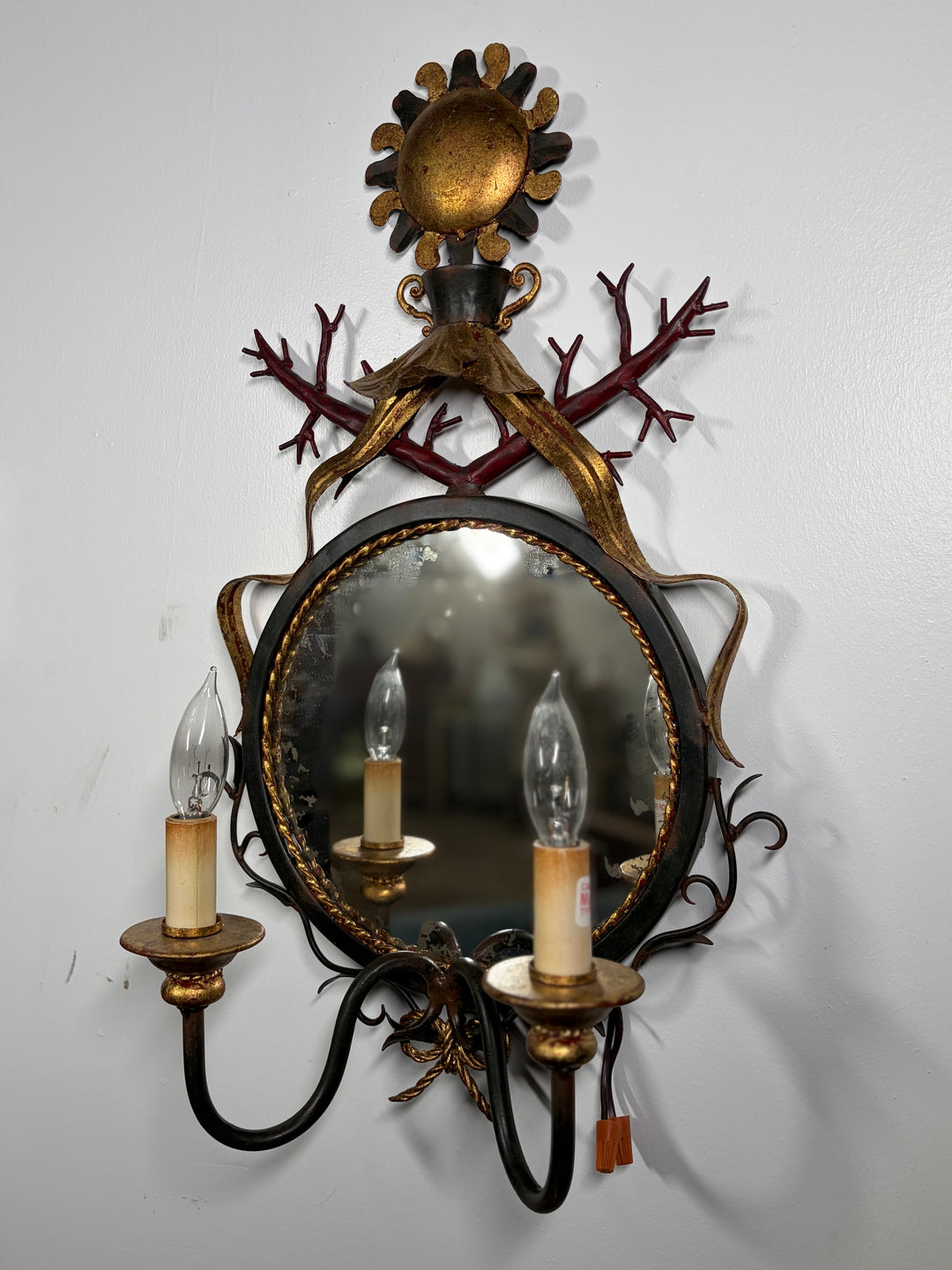 Vintage Two-Light Wall Sconce with Round Mirror and Decorative Ironwork