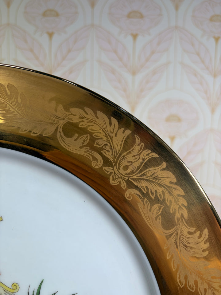 Pair of Decorative Armorial Porcelain Plates with Heavy Gold Borders