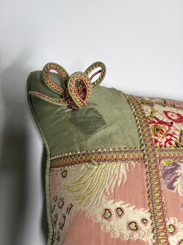 Pink & Green Floral Brocade Decorative Pillow with Corner Bows