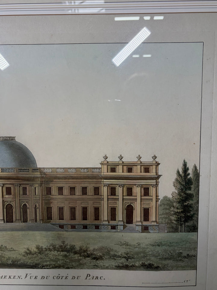 Framed Hand-Colored Engraving 'Palais Royal de Laeken, Vue du côté du Parc'