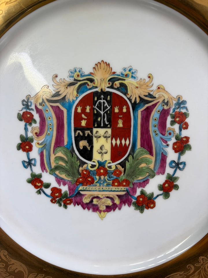 Pair of Decorative Armorial Porcelain Plates with Heavy Gold Borders