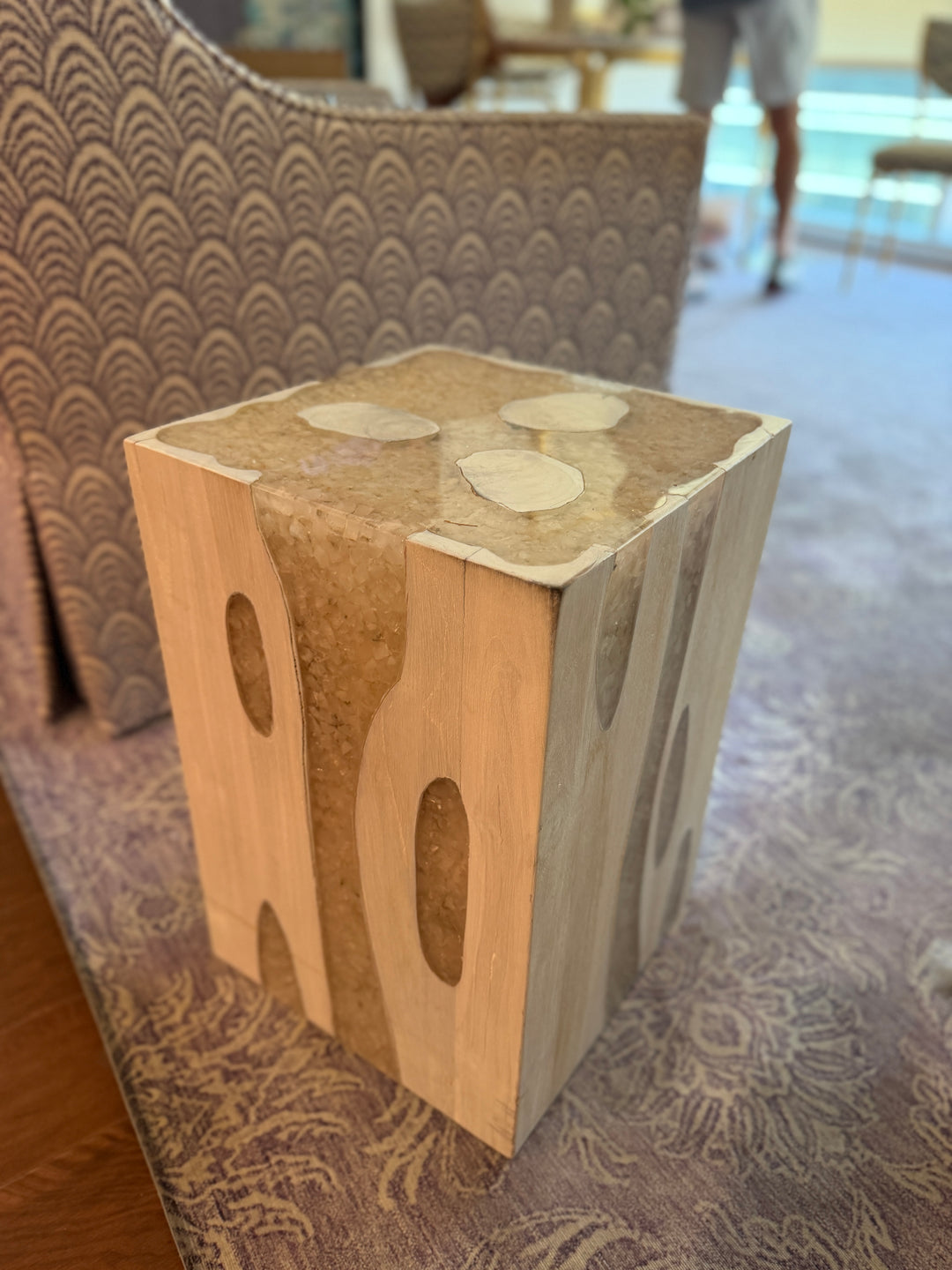 Whitewashed Wood Block Side Table or Pedestal with Oval Cutouts