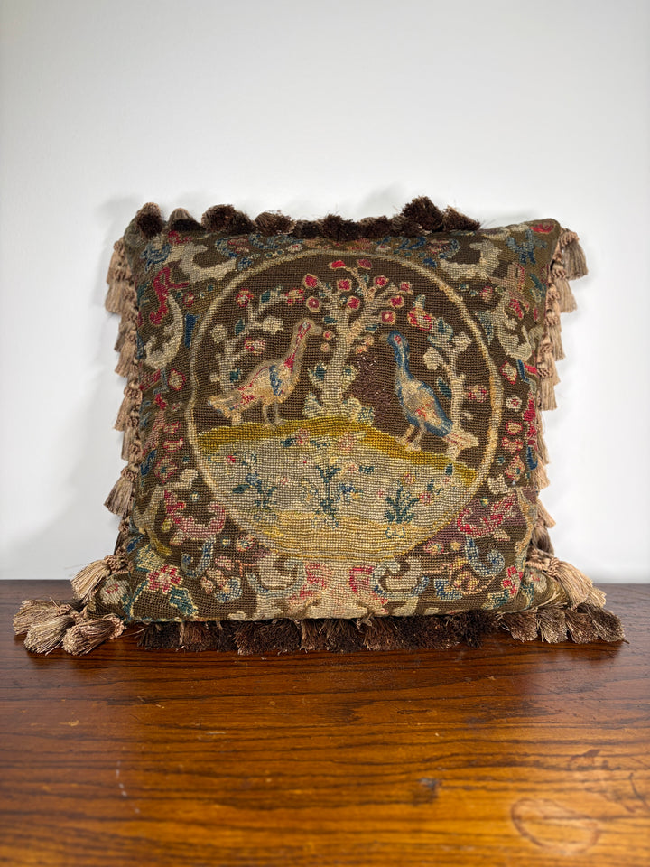 Needlepoint Tapestry Pillow with Birds and Floral Medallion