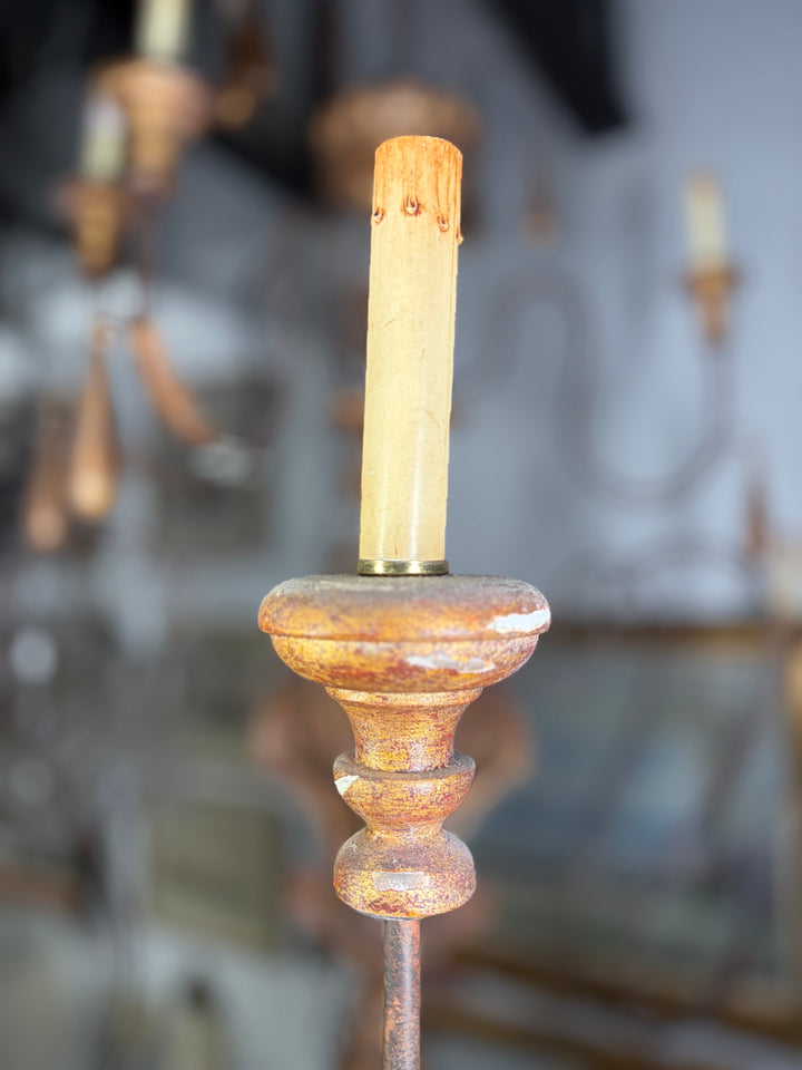 Large Gold Multi-Arm Chandelier with Carved Column