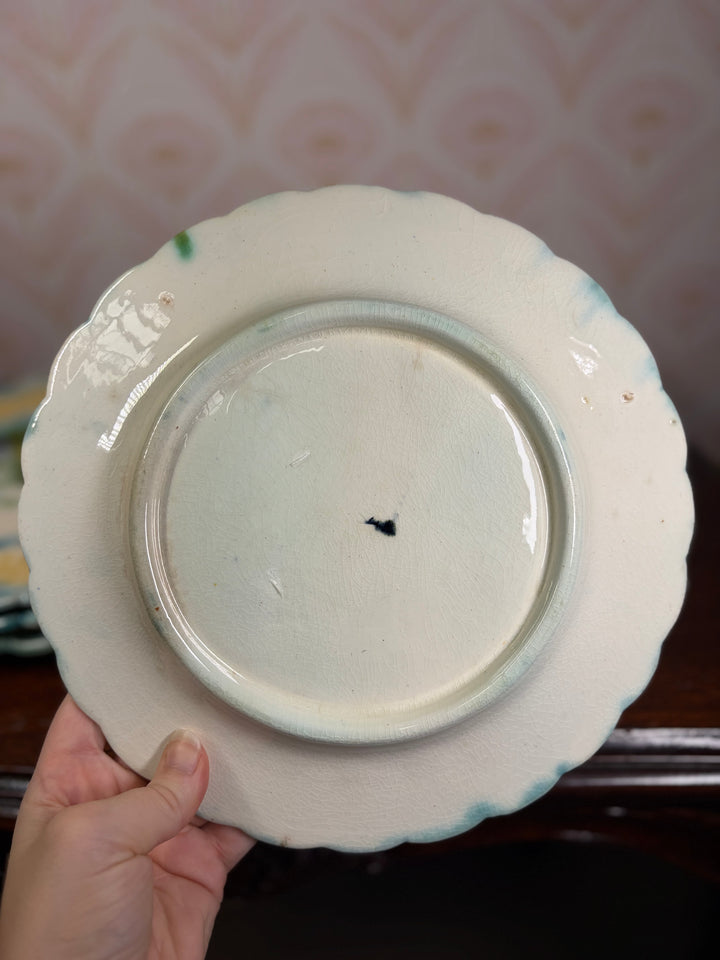 Set of Four Majolica Asparagus Plates with Sauce Well