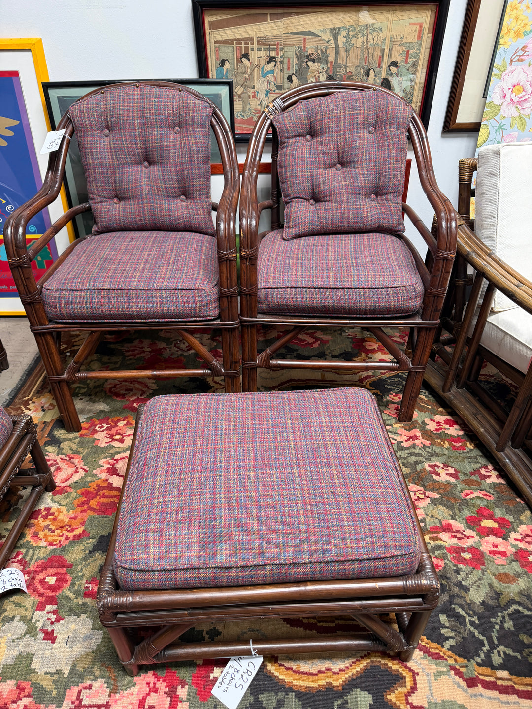 Set of 2 Vintage Bamboo and Rattan Chairs with Ottoman