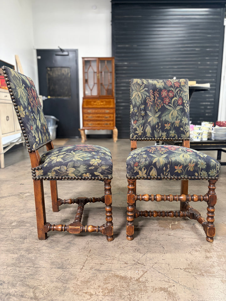 Pair of Barley Twist Dining Chairs with Tapestry Upholstery
