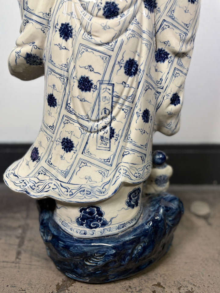 Large Blue & White Porcelain Laughing Buddha Figure with Children