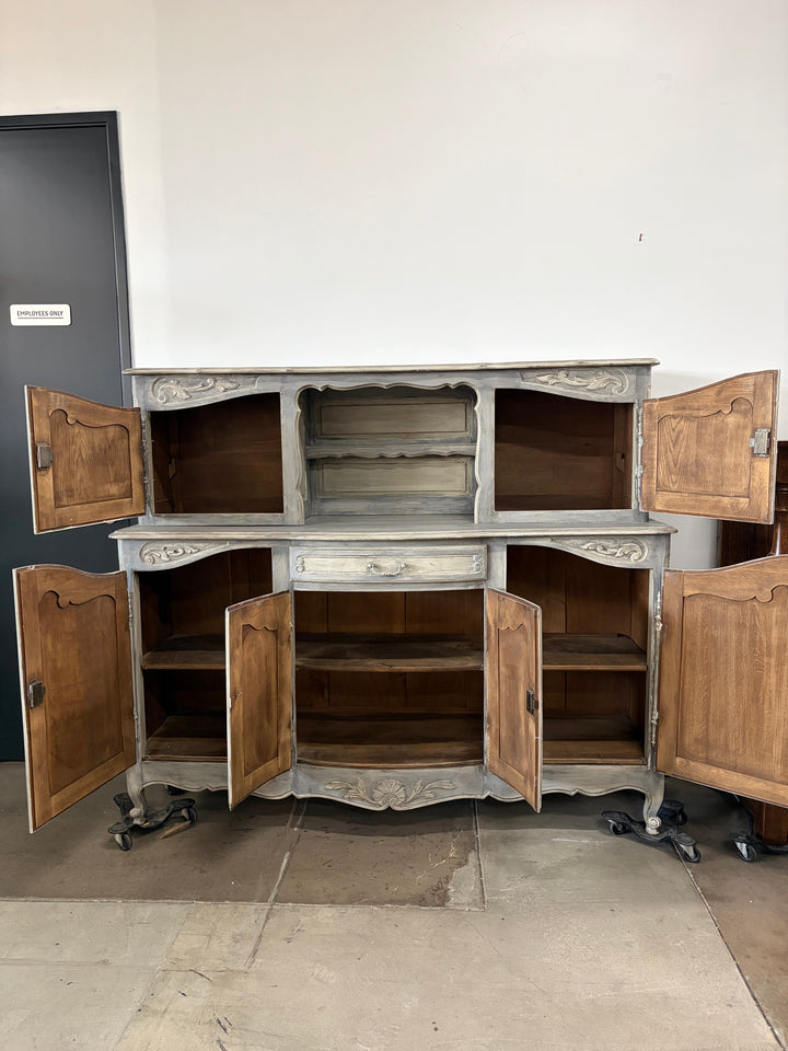 French Provincial Gray-Washed Wood Buffet with Hutch Top