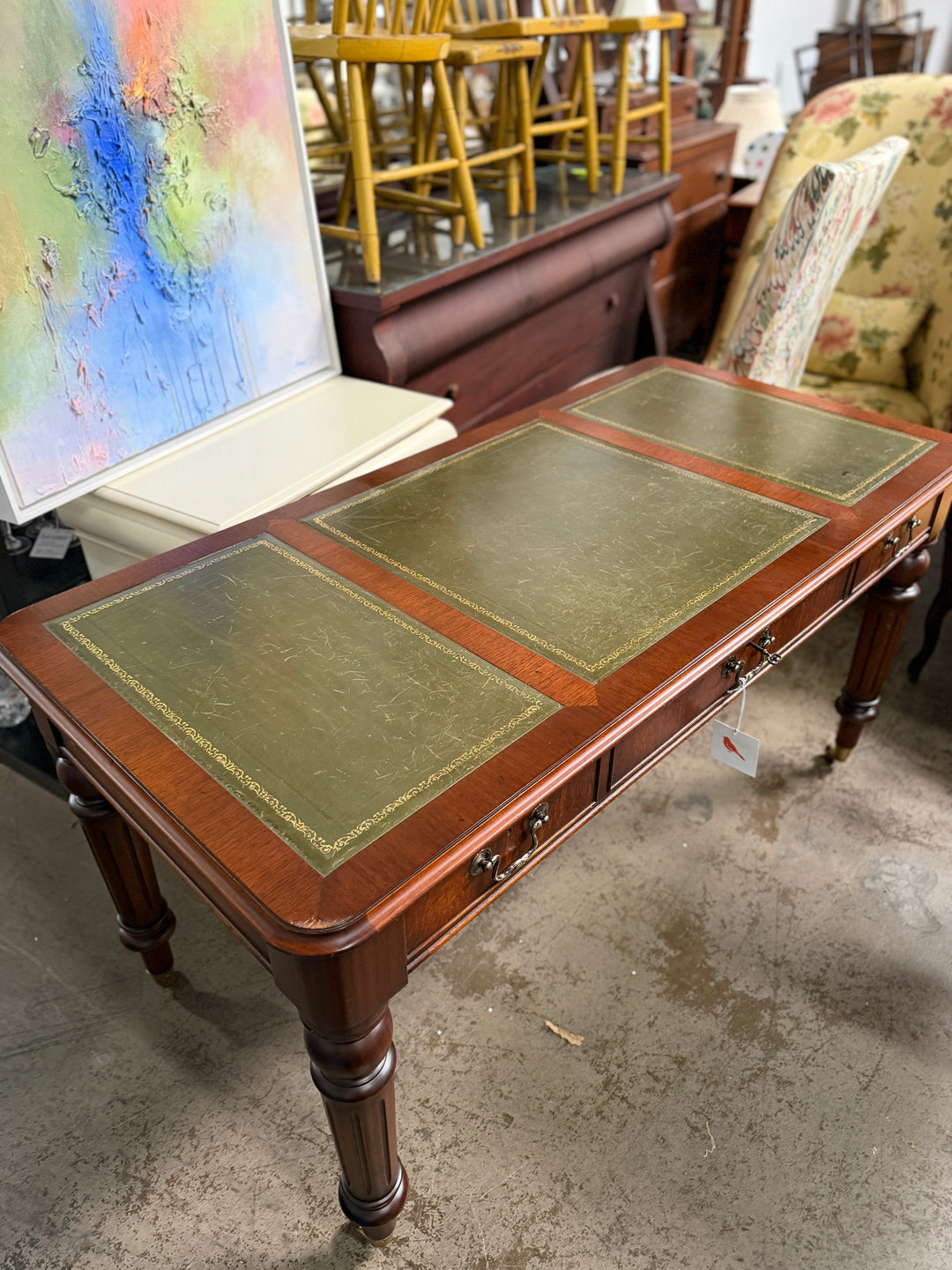 Green Leather Top Desk with Drawers with Key