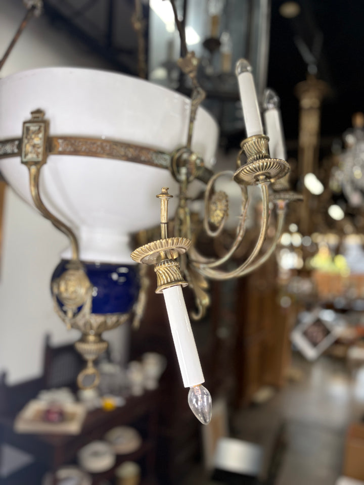Neoclassical Brass and Cobalt Porcelain Chandelier with Opaline Glass Bowl