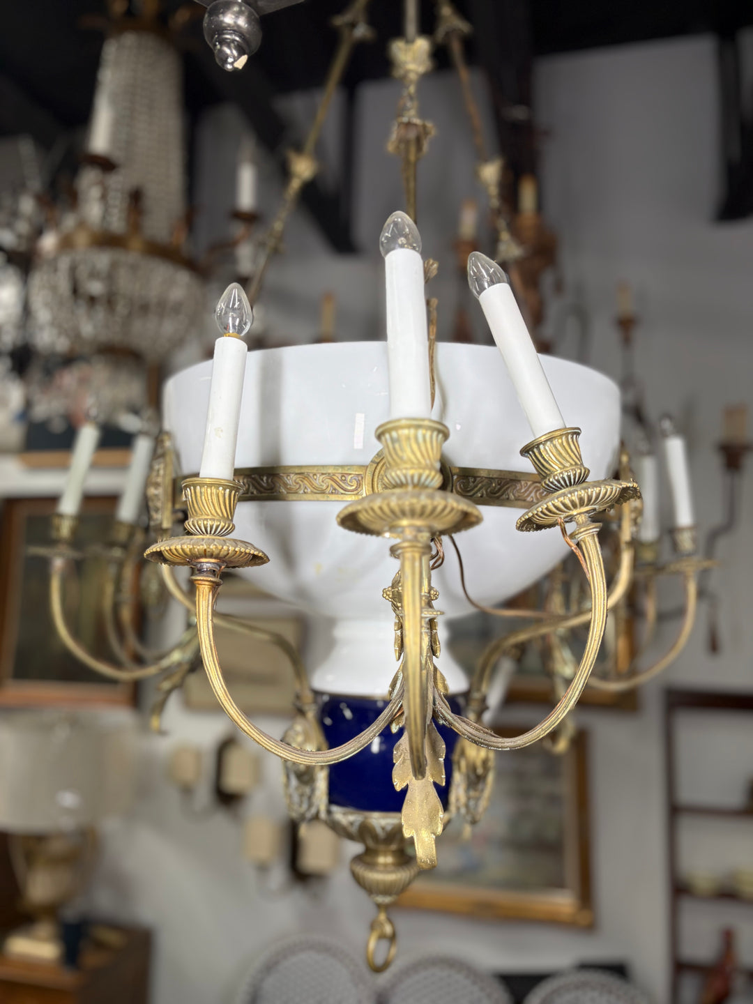 Neoclassical Brass and Cobalt Porcelain Chandelier with Opaline Glass Bowl