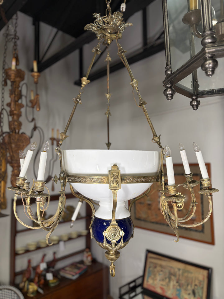 Neoclassical Brass and Cobalt Porcelain Chandelier with Opaline Glass Bowl