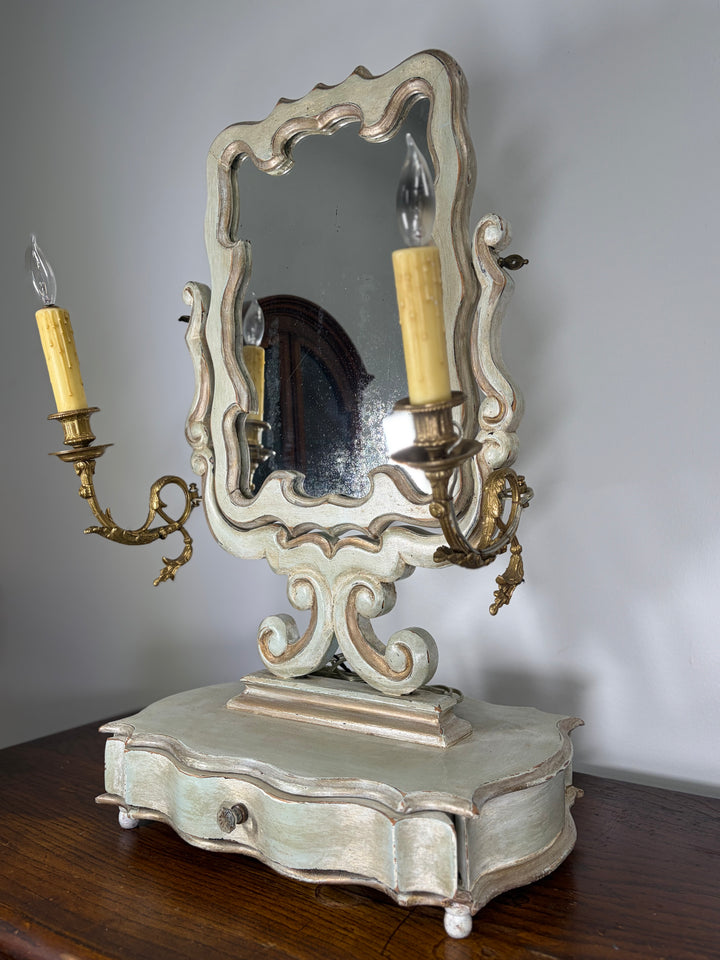 Baroque-Style Vanity Mirror with Candelabra Arms and Jewelry Box Base