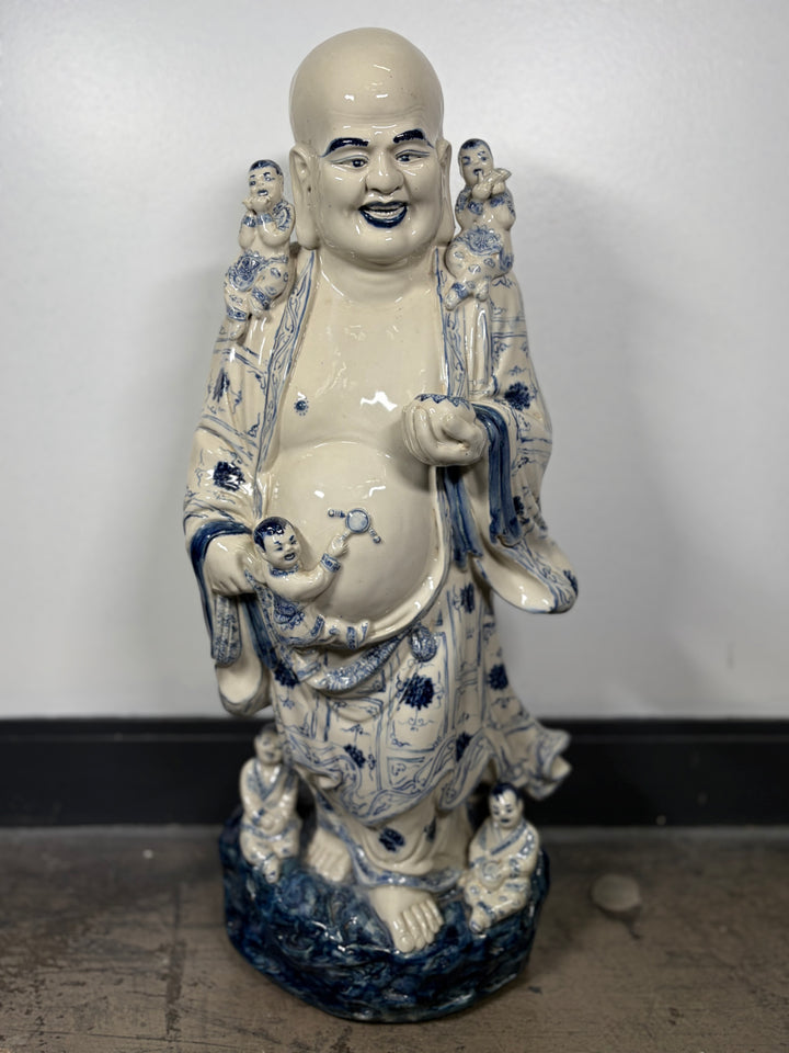 Large Blue & White Porcelain Laughing Buddha Figure with Children