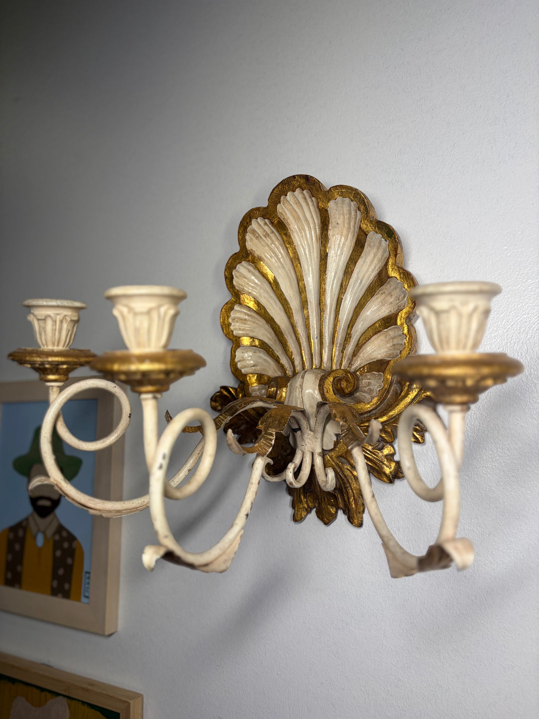 Antiqued Painted & Gilded Gold 3-Candle Wall Sconces