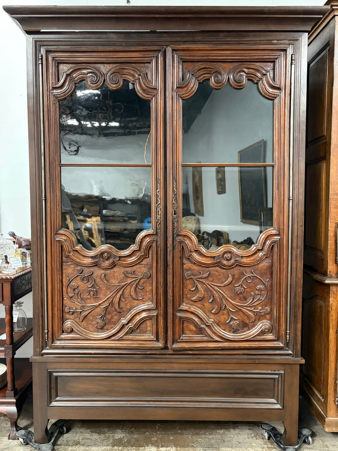 Large Carved Walnut Display Cabinet with Glass Doors