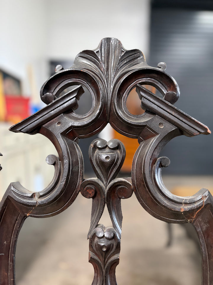 Ebonized Baroque-Style Carved Side Chair with Cream Damask Seat