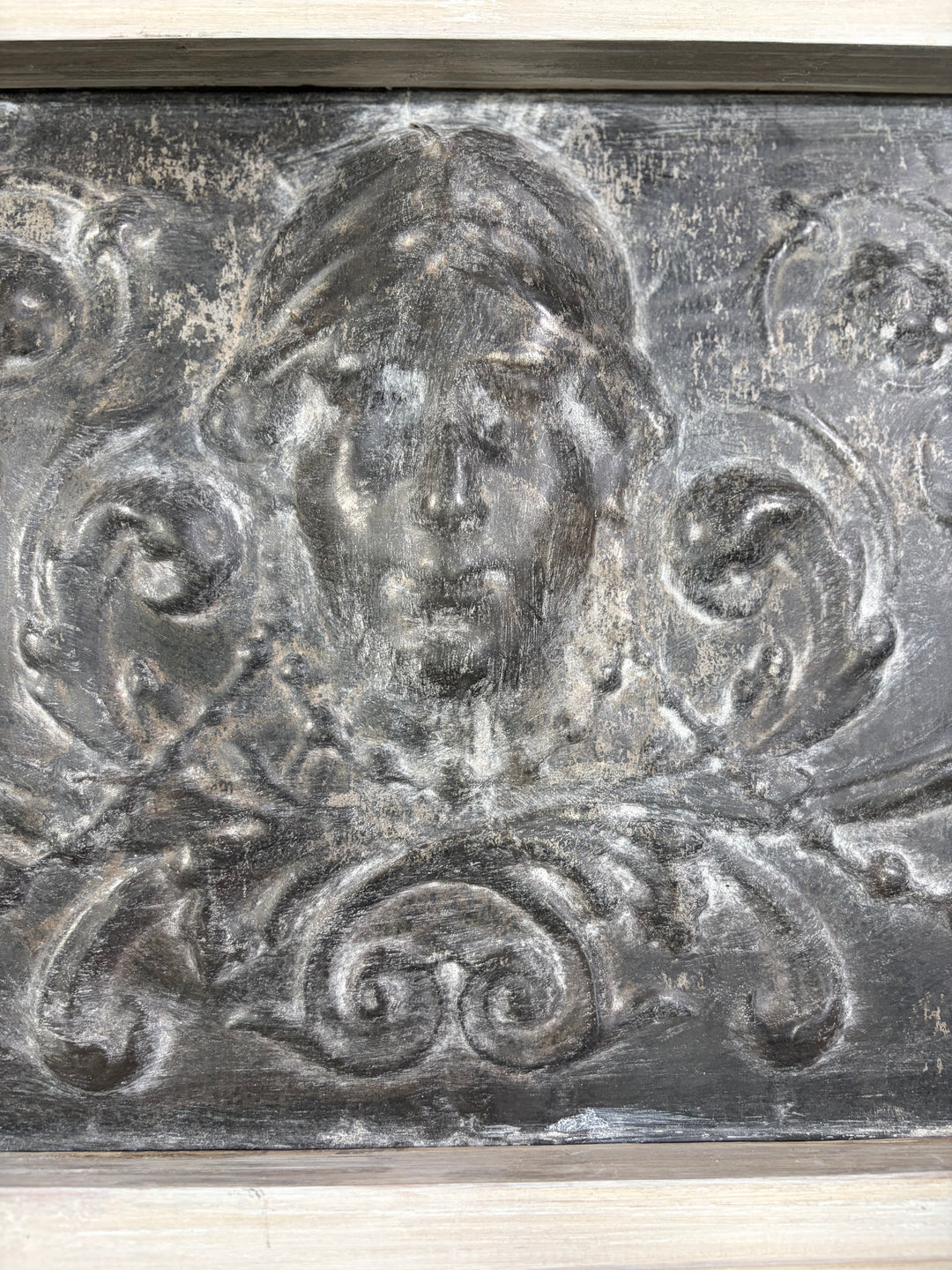 Set of Three Framed Embossed Metal Panels with Classical Face Motif