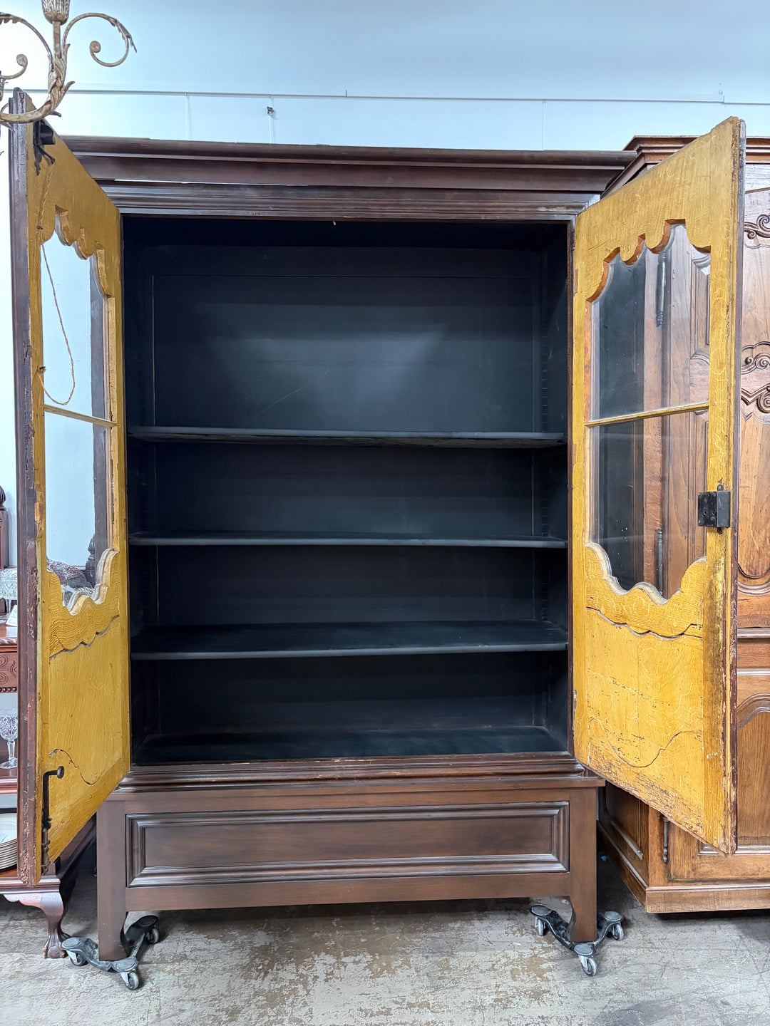 Large Carved Walnut Display Cabinet with Glass Doors