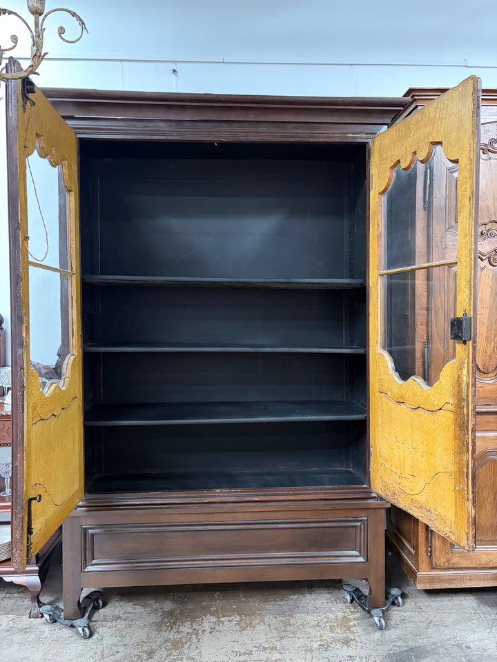 Large Carved Walnut Display Cabinet with Glass Doors