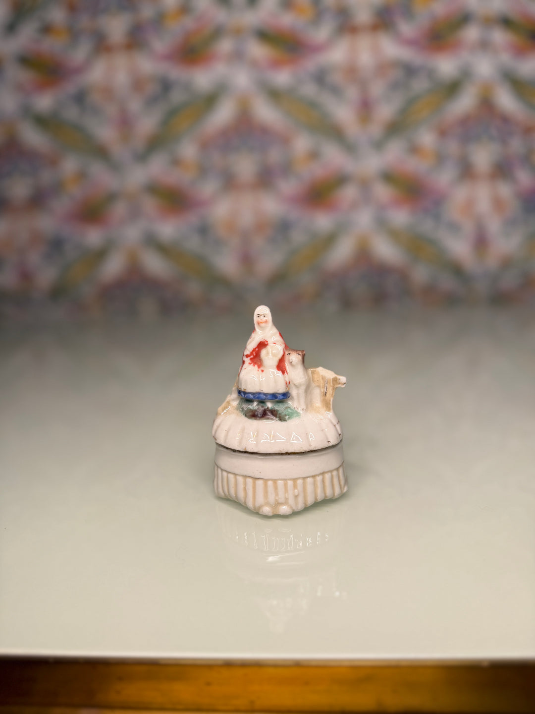 Miniature Porcelain Figural Trinket Box with Woman and Dog