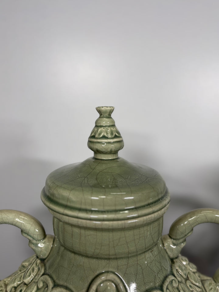 Pair of Celadon Green Ceramic Lidded Urns with Handles