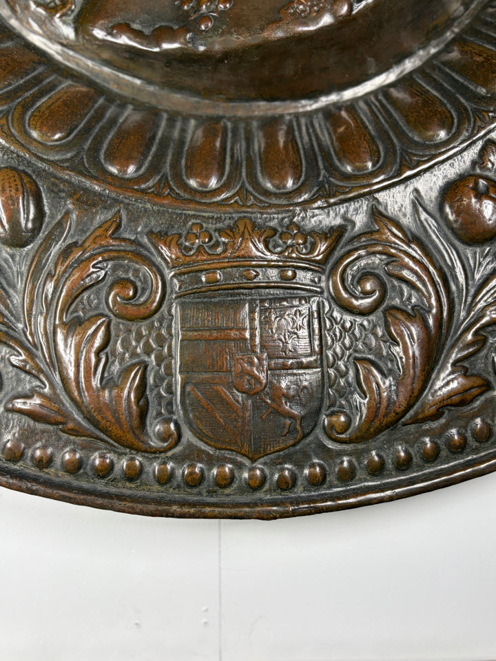 Pair of Large Bronze Relief Chargers with Portrait Bust and Heraldic Decoration