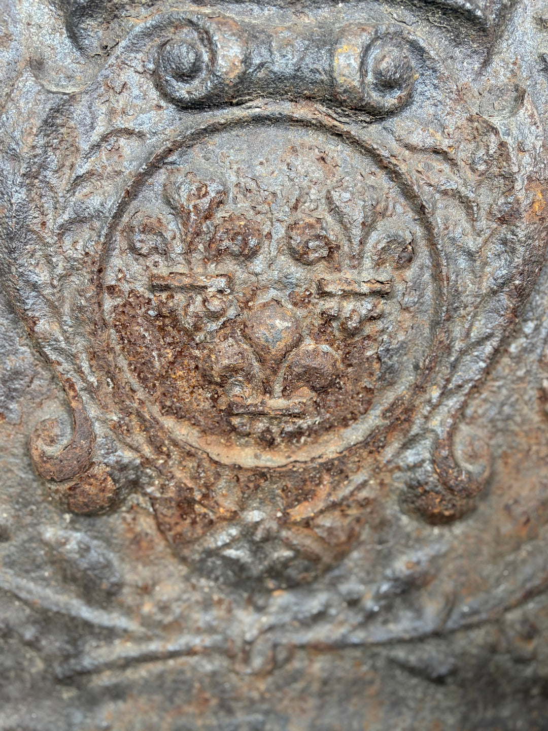 Cast Iron Fireback with Crown and Coat of Arms Relief