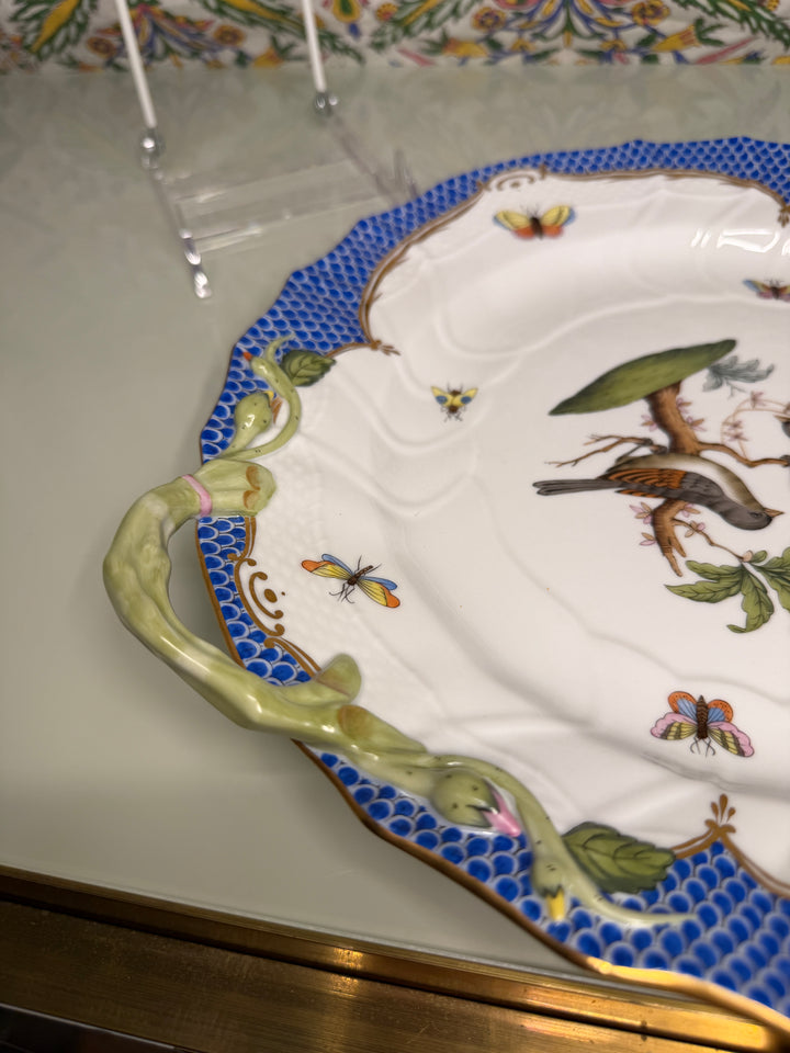 Hand-Painted Porcelain Two-Handled Cake Plate with Birds and Butterflies