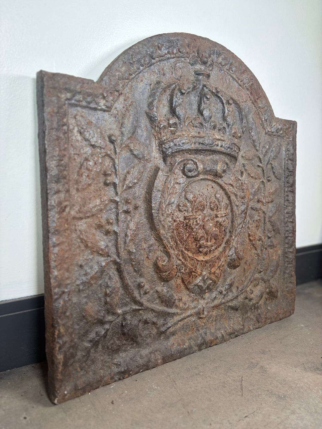 Cast Iron Fireback with Crown and Coat of Arms Relief