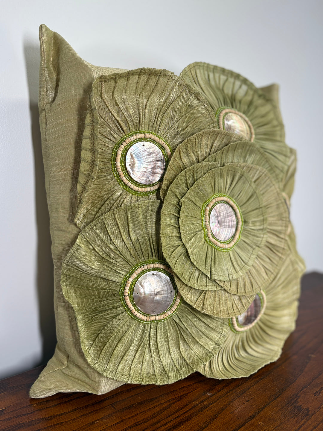 Green Silk Decorative Pillow with Pleated Rosettes and Shell Embellishments
