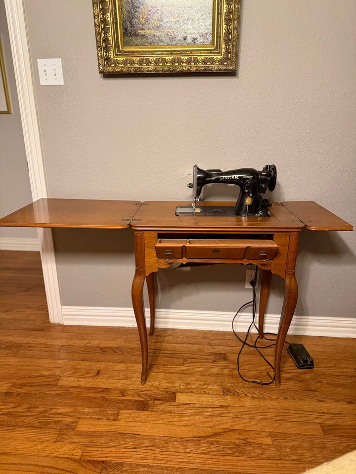 Antique, Functional Electric Sewing Machine Model 15-91 Wooden Desk with Needlepoint Bench