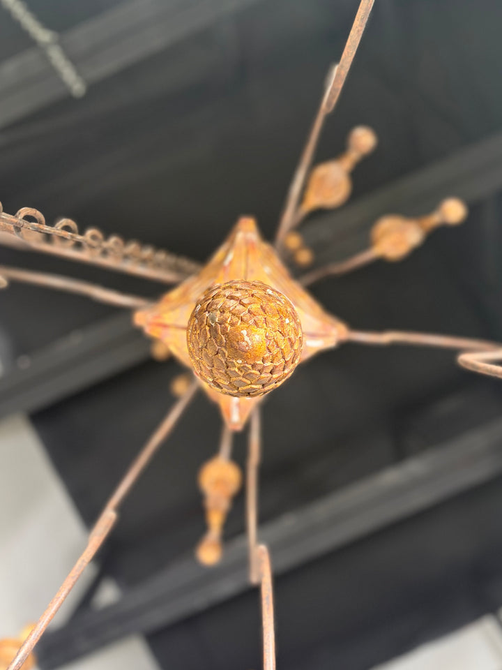 Large Gold Multi-Arm Chandelier with Carved Column