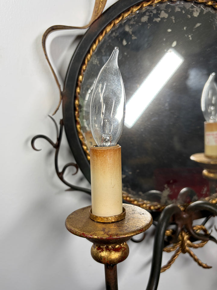 Vintage Two-Light Wall Sconce with Round Mirror and Decorative Ironwork