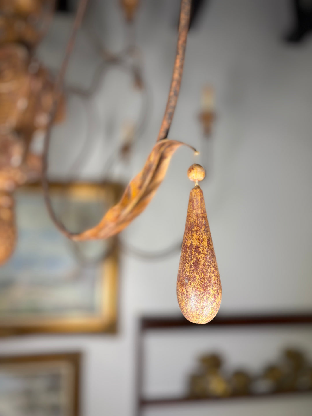 Large Gold Multi-Arm Chandelier with Carved Column