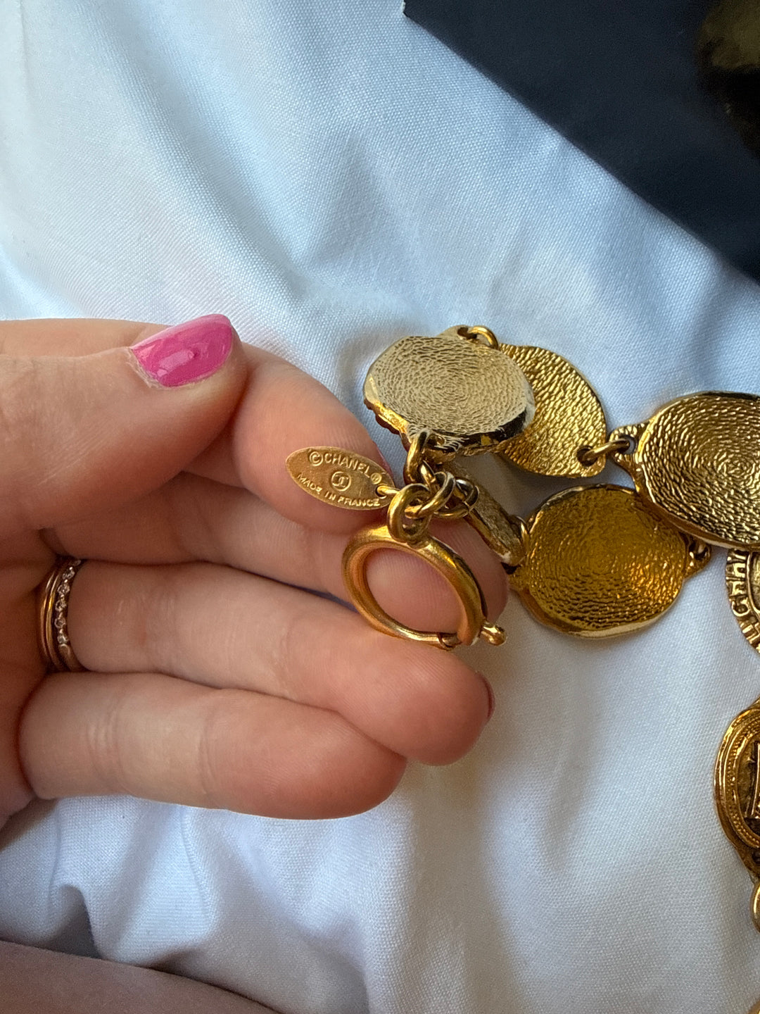 1990s Vintage CC Crown Chanel Bracelet with Angel and CC Charm - 24K Gold (Patina - Mainly on Charms)