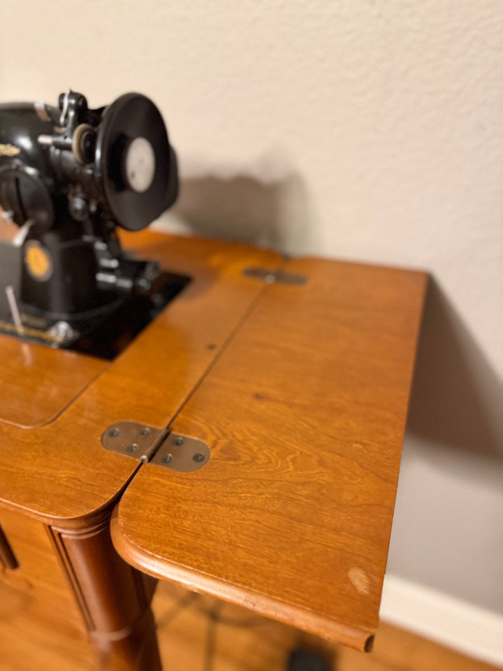 Antique, Functional Electric Sewing Machine Model 15-91 Wooden Desk with Needlepoint Bench