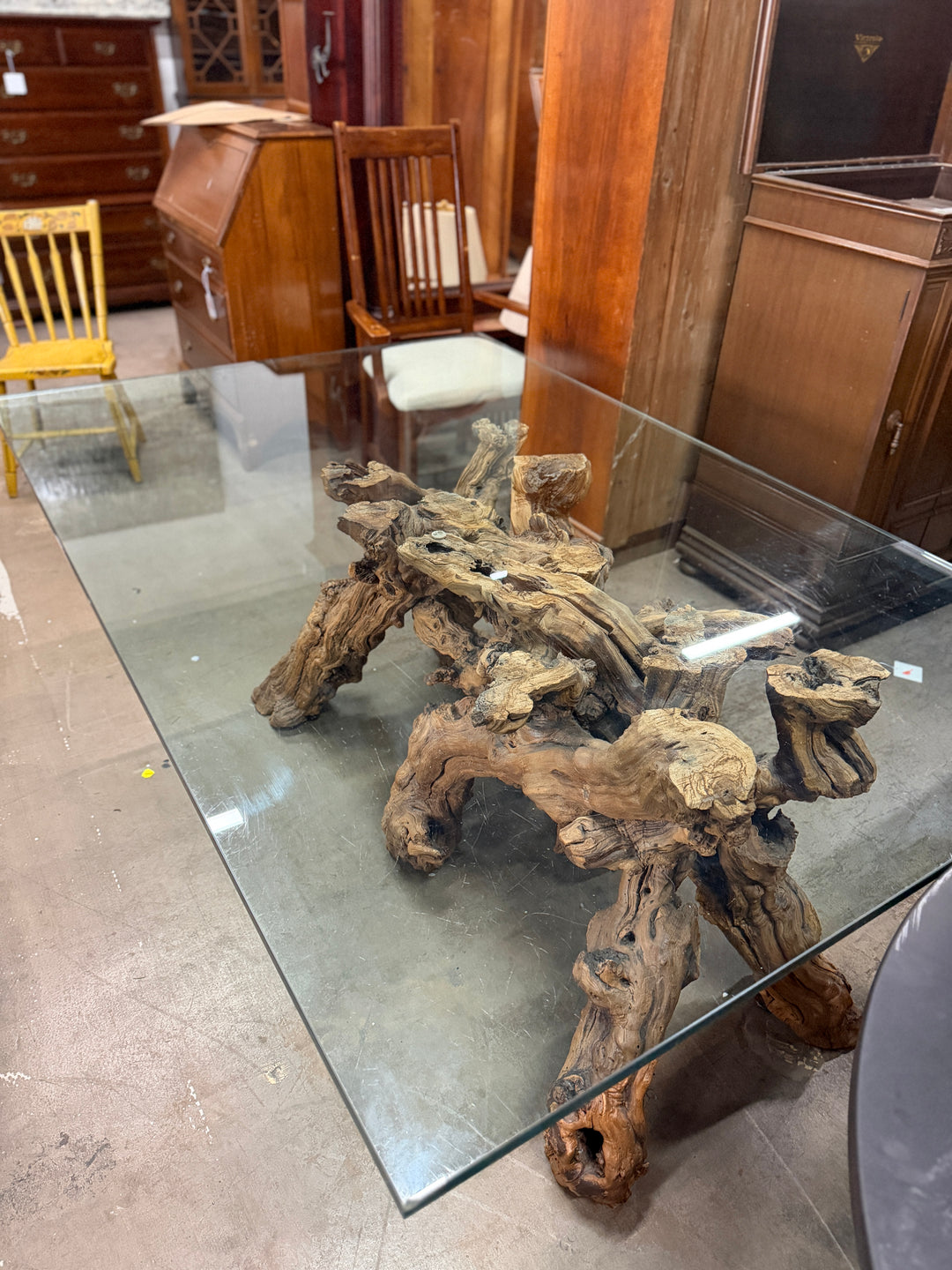 Vintage Glass-Topped Driftwood Coffee Table