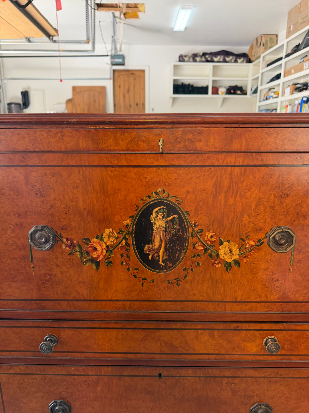 19th Century Hand-Painted Satin Wood Secretary Desk and Dresser