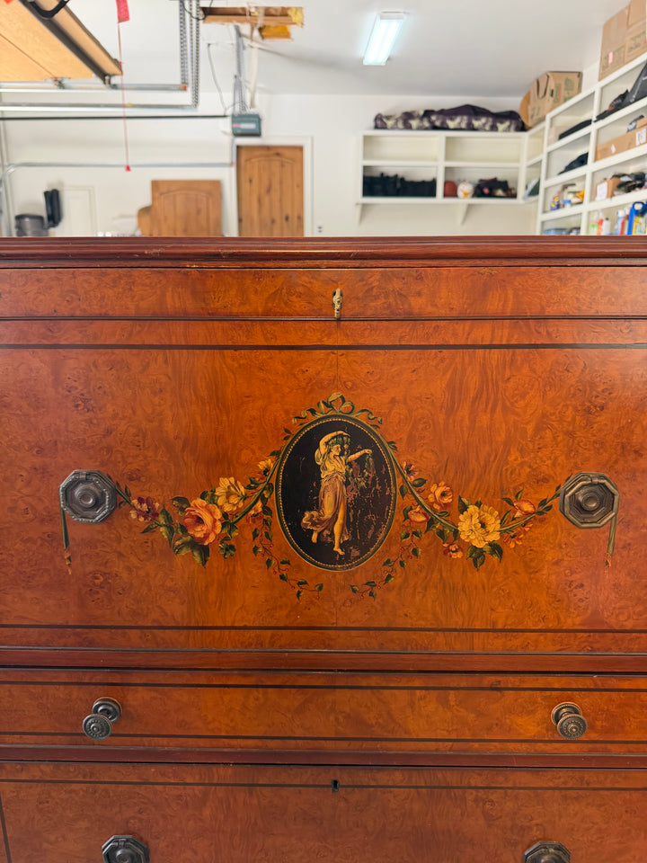 19th Century Hand-Painted Satin Wood Secretary Desk and Dresser