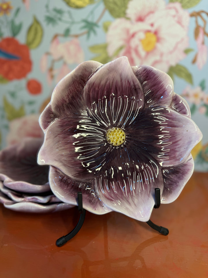 Set of 4 Ceramic Purple Flower Plates